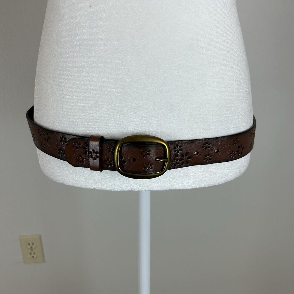 Aeropostale Y2K leather tooled cutout flowers belt brown Size M 36" Laser Cut